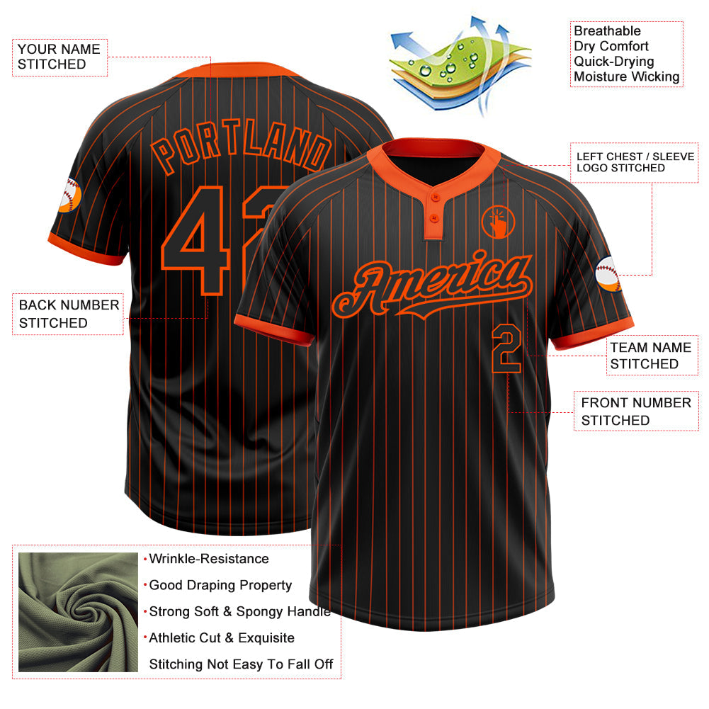 Custom Black Orange Pinstripe Orange Two-Button Unisex Softball Jersey view 3