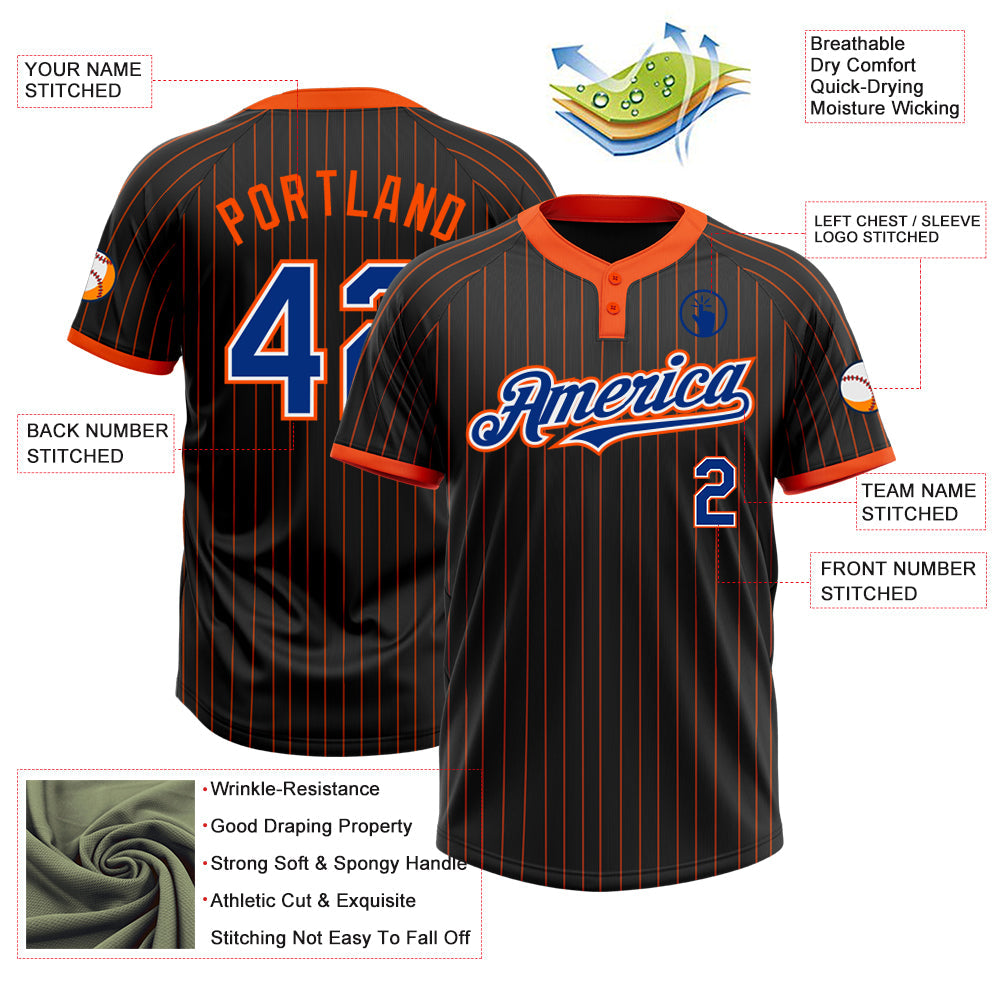 Custom Black Orange Pinstripe Royal-White Two-Button Unisex Softball Jersey view 3