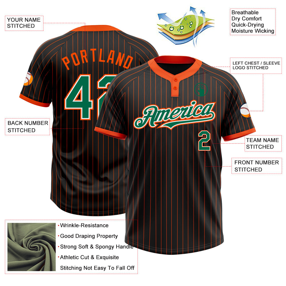 Custom Black Orange Pinstripe Kelly Green-White Two-Button Unisex Softball Jersey view 3