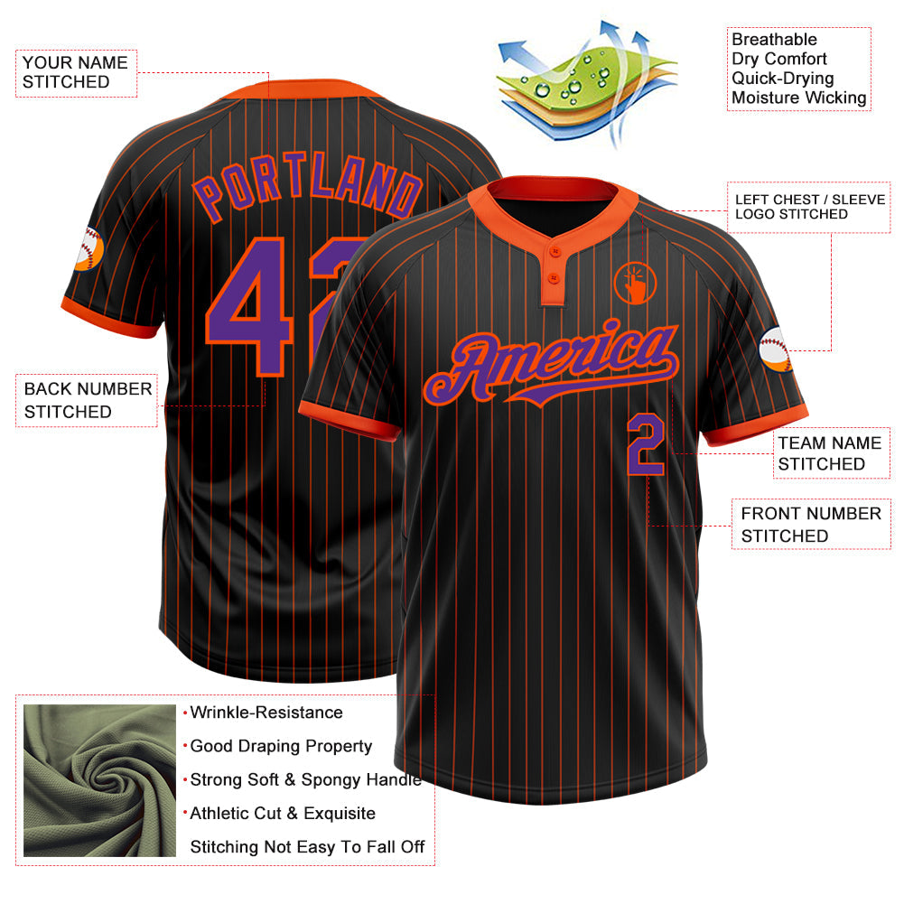 Custom Black Orange Pinstripe Purple Two-Button Unisex Softball Jersey view 3
