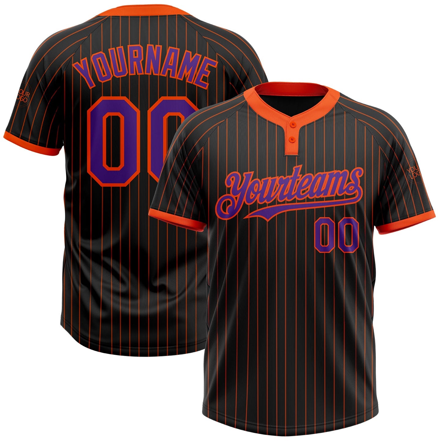 Custom Black Orange Pinstripe Purple Two-Button Unisex Softball Jersey - Main View