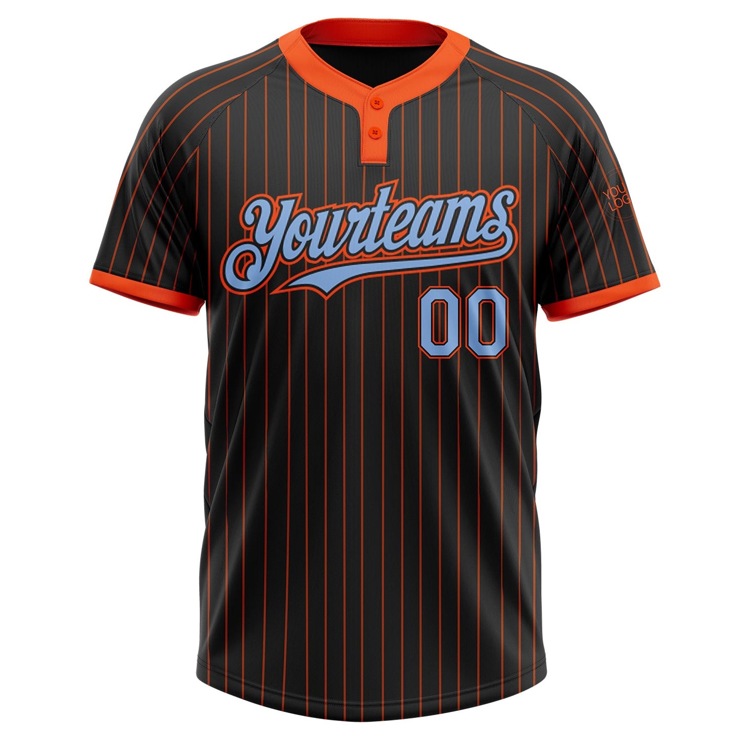 Custom Black Orange Pinstripe Light Blue Two-Button Unisex Softball Jersey view 2