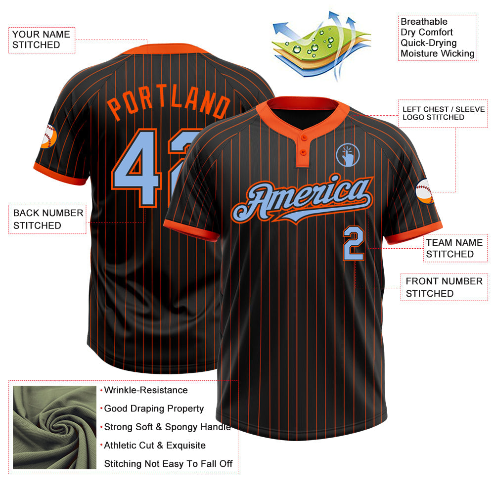 Custom Black Orange Pinstripe Light Blue Two-Button Unisex Softball Jersey view 3