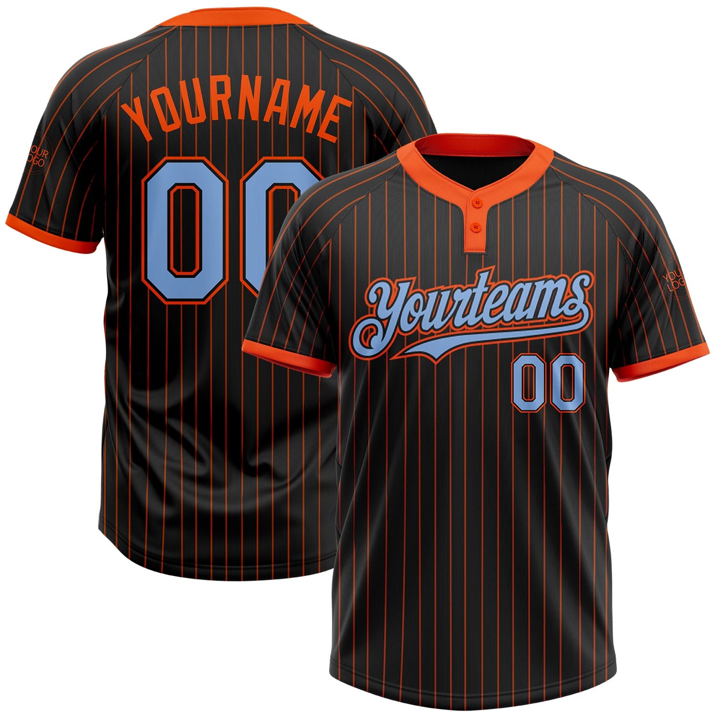 Custom Black Orange Pinstripe Light Blue Two-Button Unisex Softball Jersey - Main View
