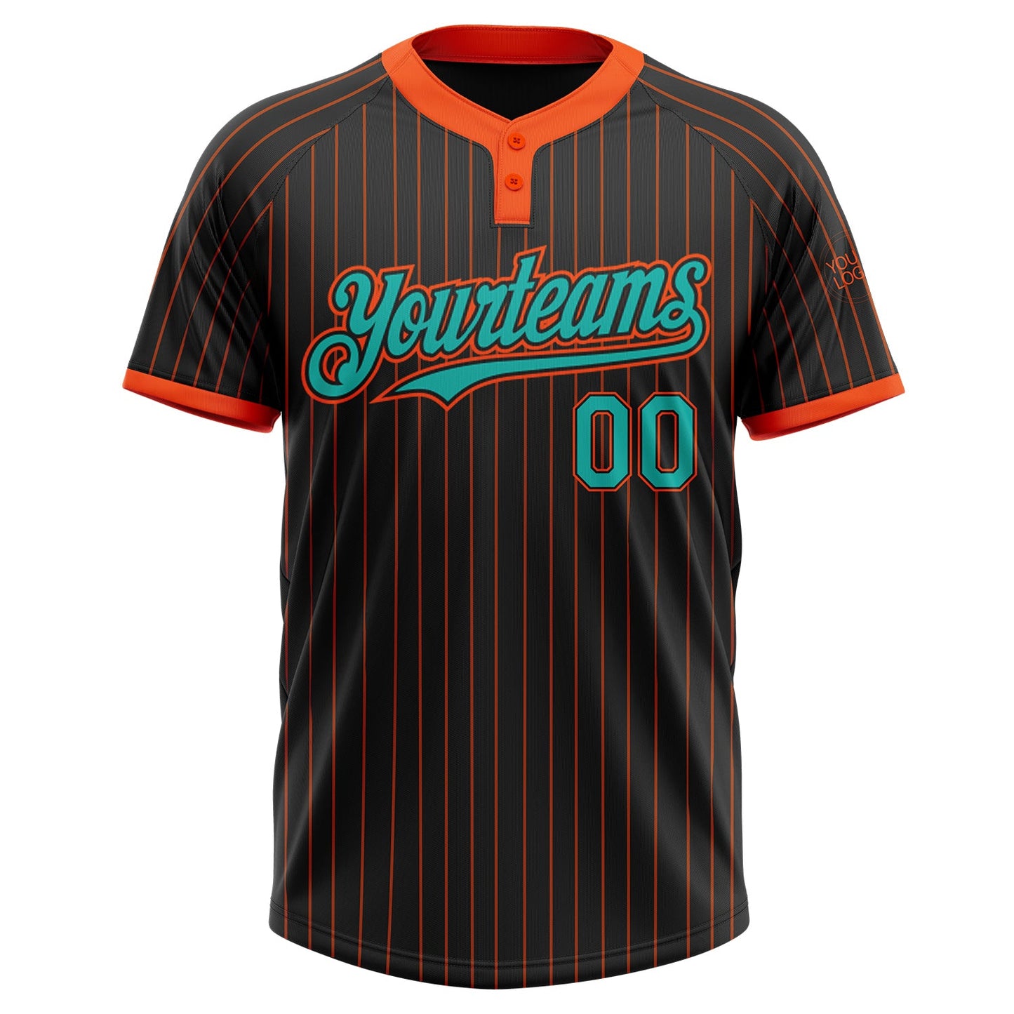 Custom Black Orange Pinstripe Aqua Two-Button Unisex Softball Jersey view 2