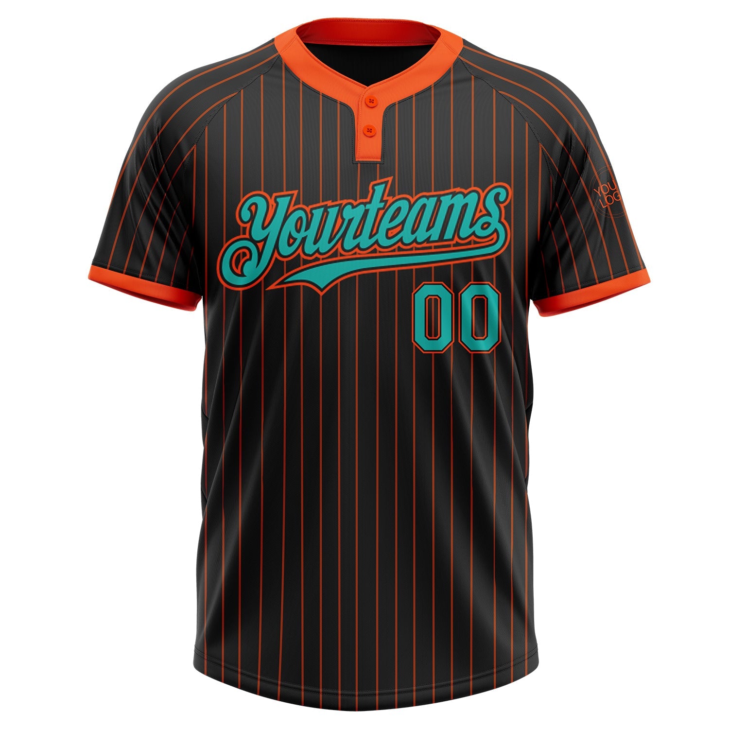 Custom Black Orange Pinstripe Aqua Two-Button Unisex Softball Jersey view 2