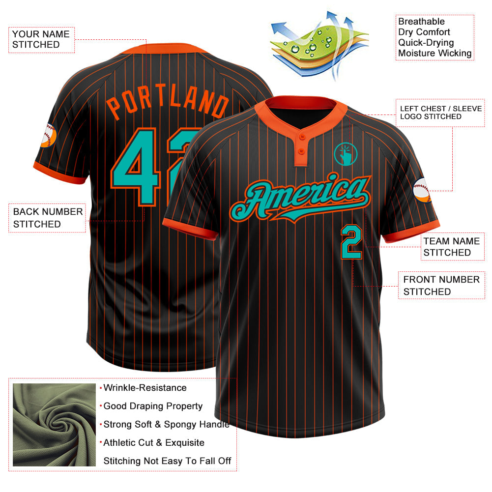Custom Black Orange Pinstripe Aqua Two-Button Unisex Softball Jersey view 3