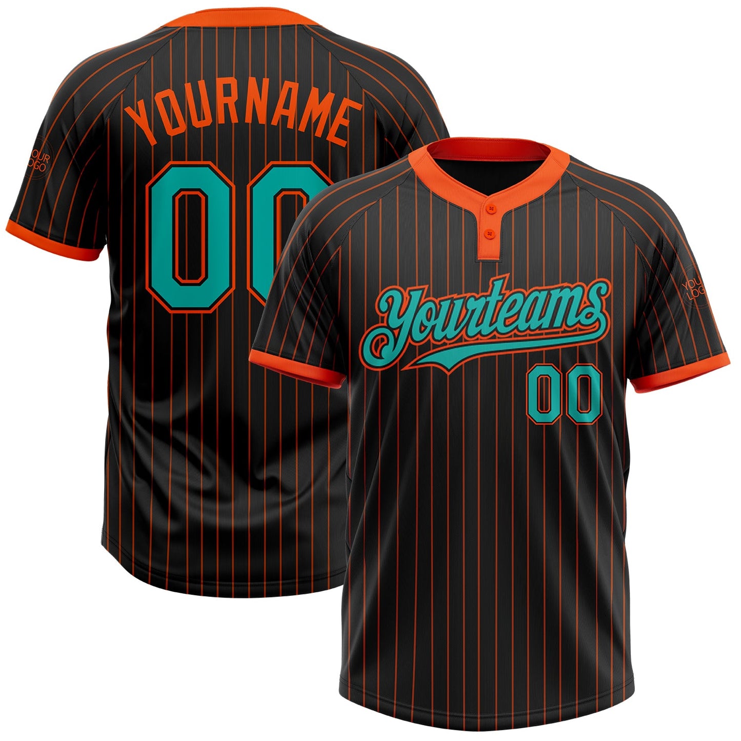Custom Black Orange Pinstripe Aqua Two-Button Unisex Softball Jersey - Main View