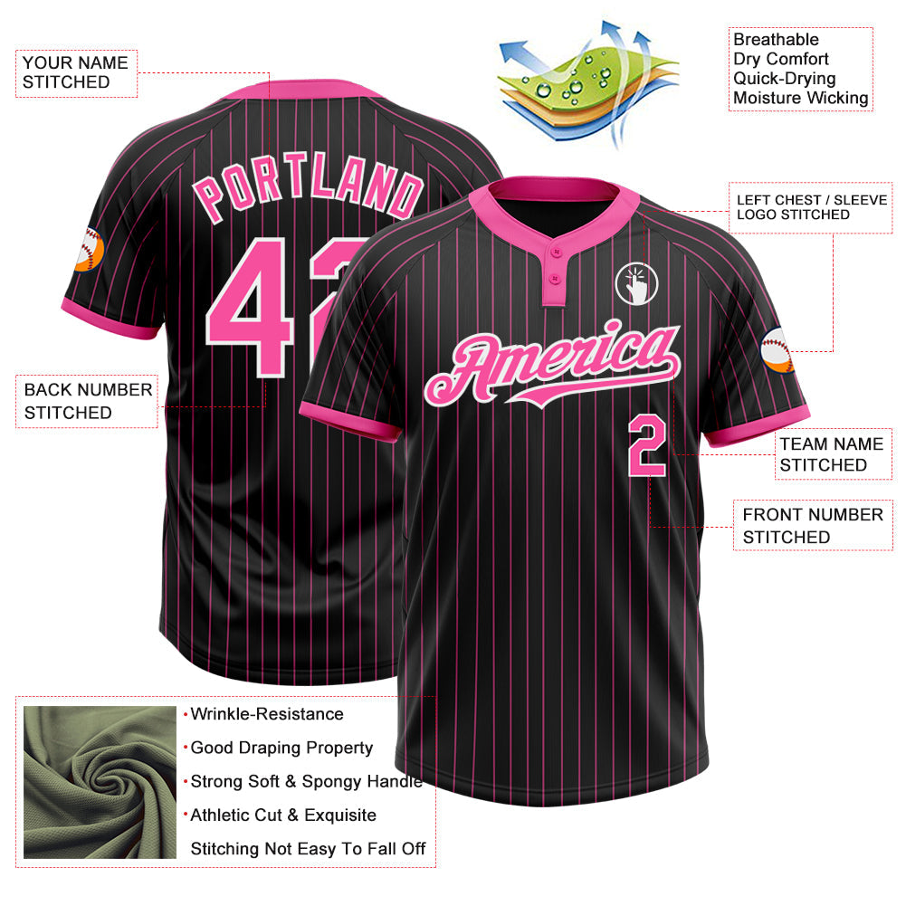 Custom Black Pink Pinstripe White Two-Button Unisex Softball Jersey view 3