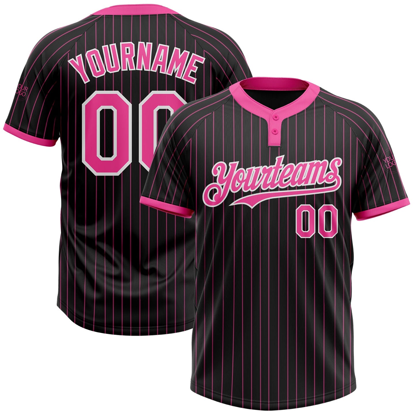 Custom Black Pink Pinstripe White Two-Button Unisex Softball Jersey - Main View