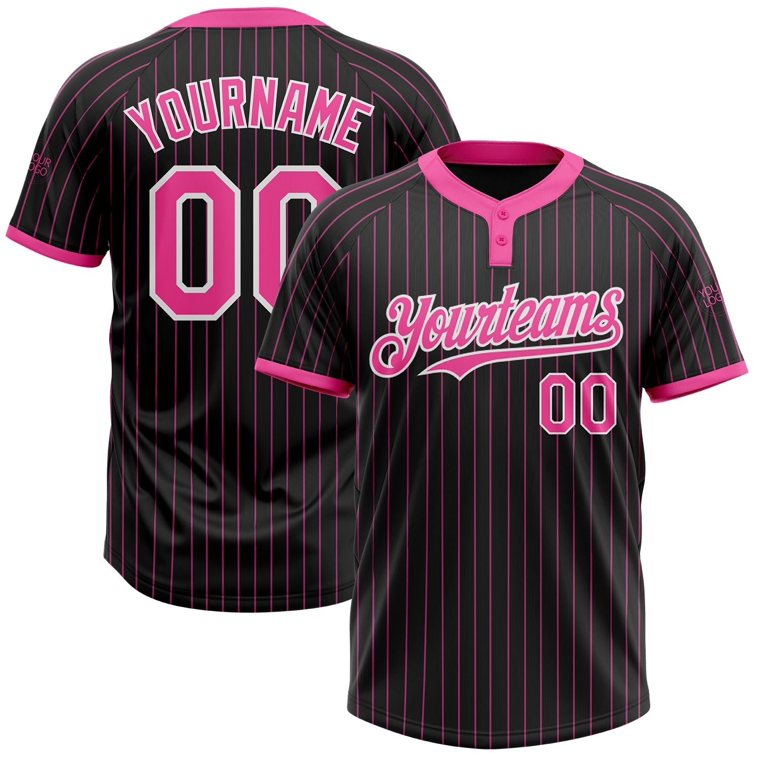 Custom Black Pink Pinstripe White Two-Button Unisex Softball Jersey - Main View