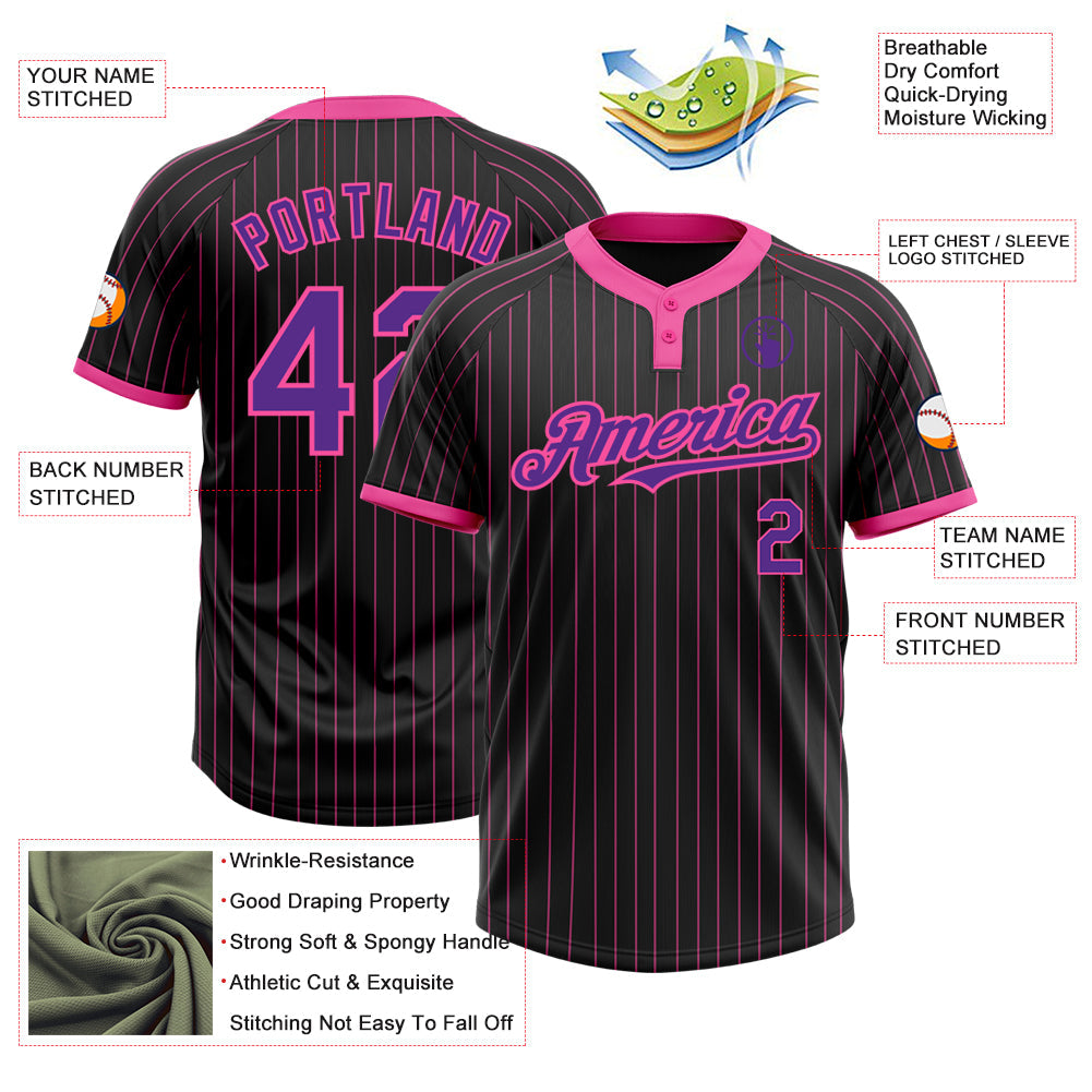 Custom Black Pink Pinstripe Purple Two-Button Unisex Softball Jersey view 3