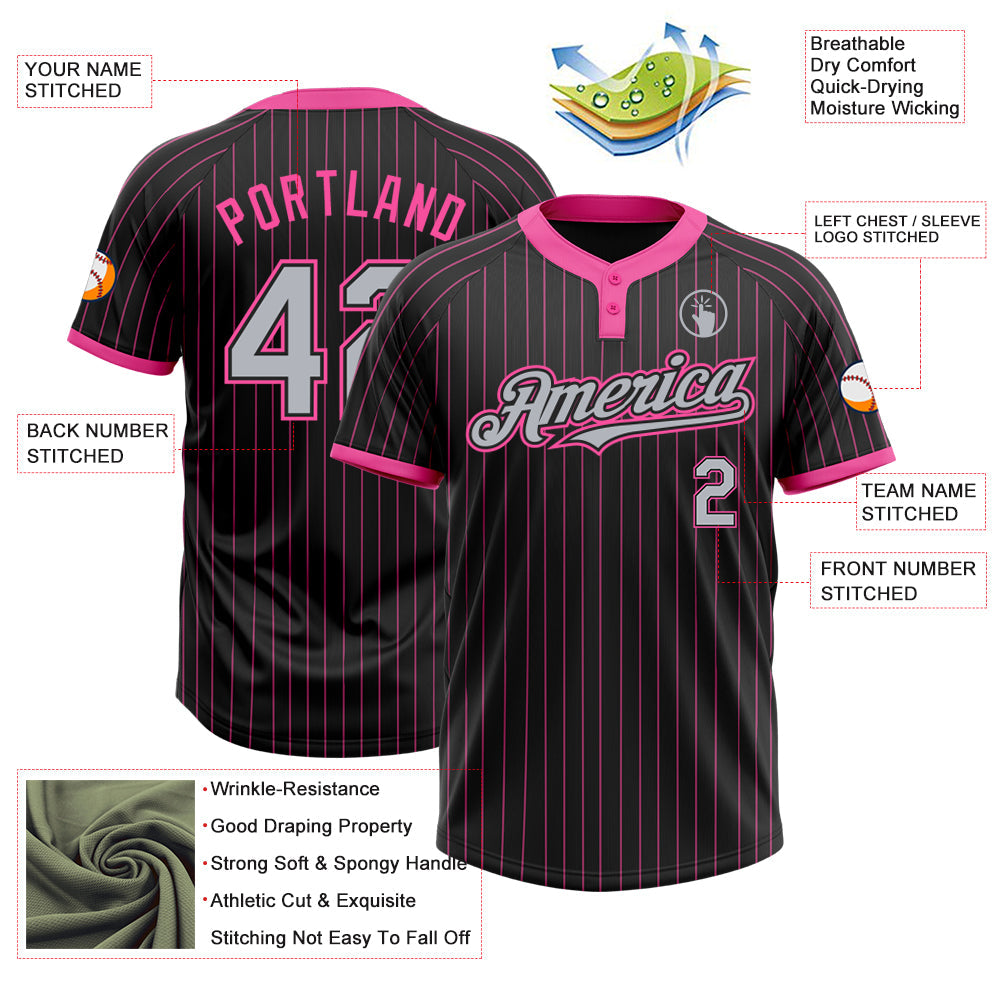 Custom Black Pink Pinstripe Gray Two-Button Unisex Softball Jersey view 3