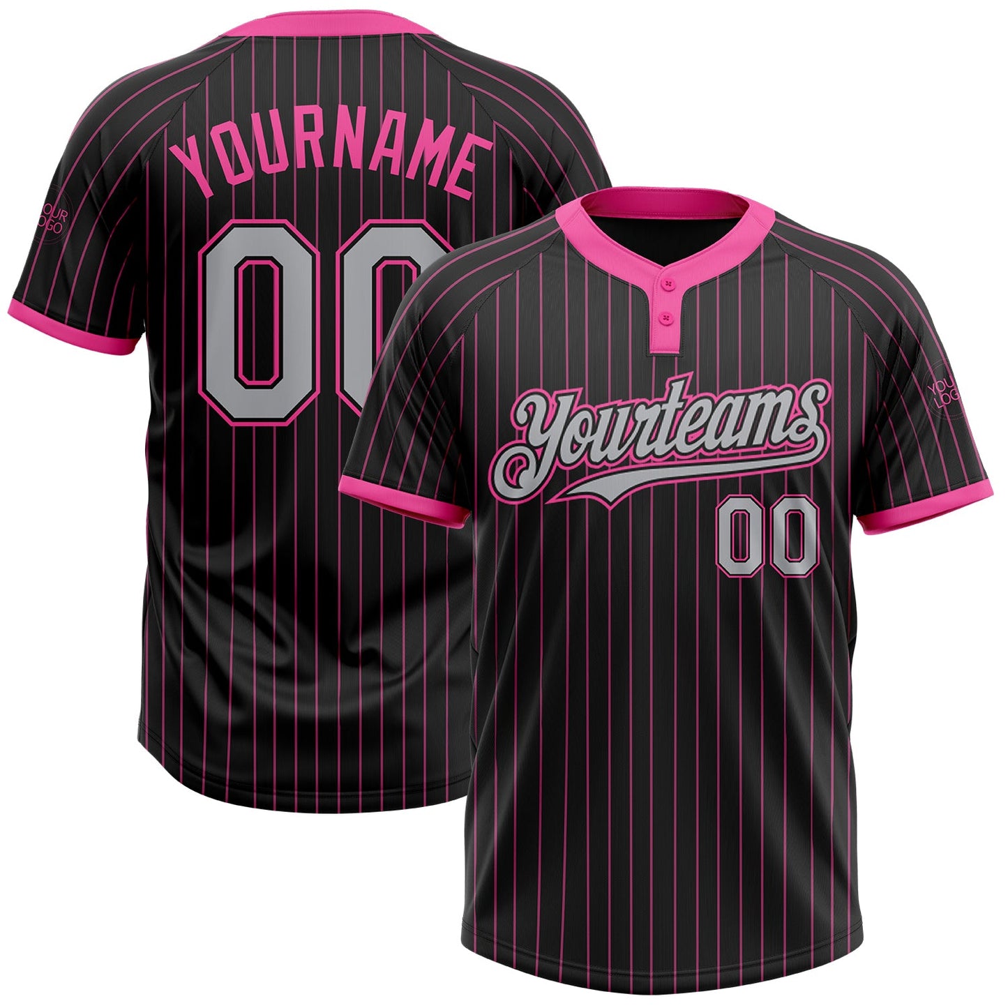 Custom Black Pink Pinstripe Gray Two-Button Unisex Softball Jersey - Main View