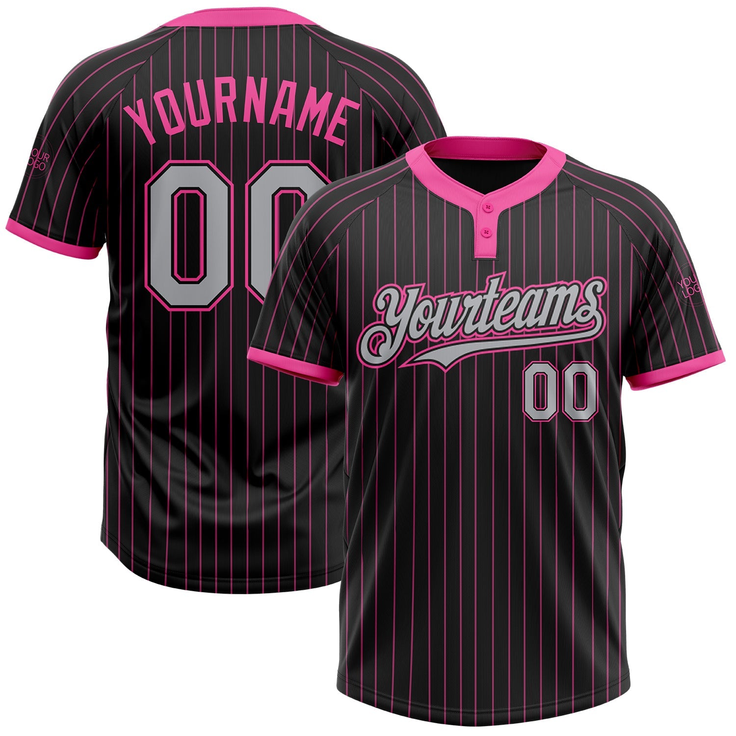 Custom Black Pink Pinstripe Gray Two-Button Unisex Softball Jersey - Main View