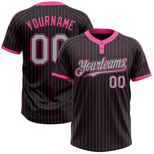 Custom Black Pink Pinstripe Gray Two-Button Unisex Softball Jersey - Main View