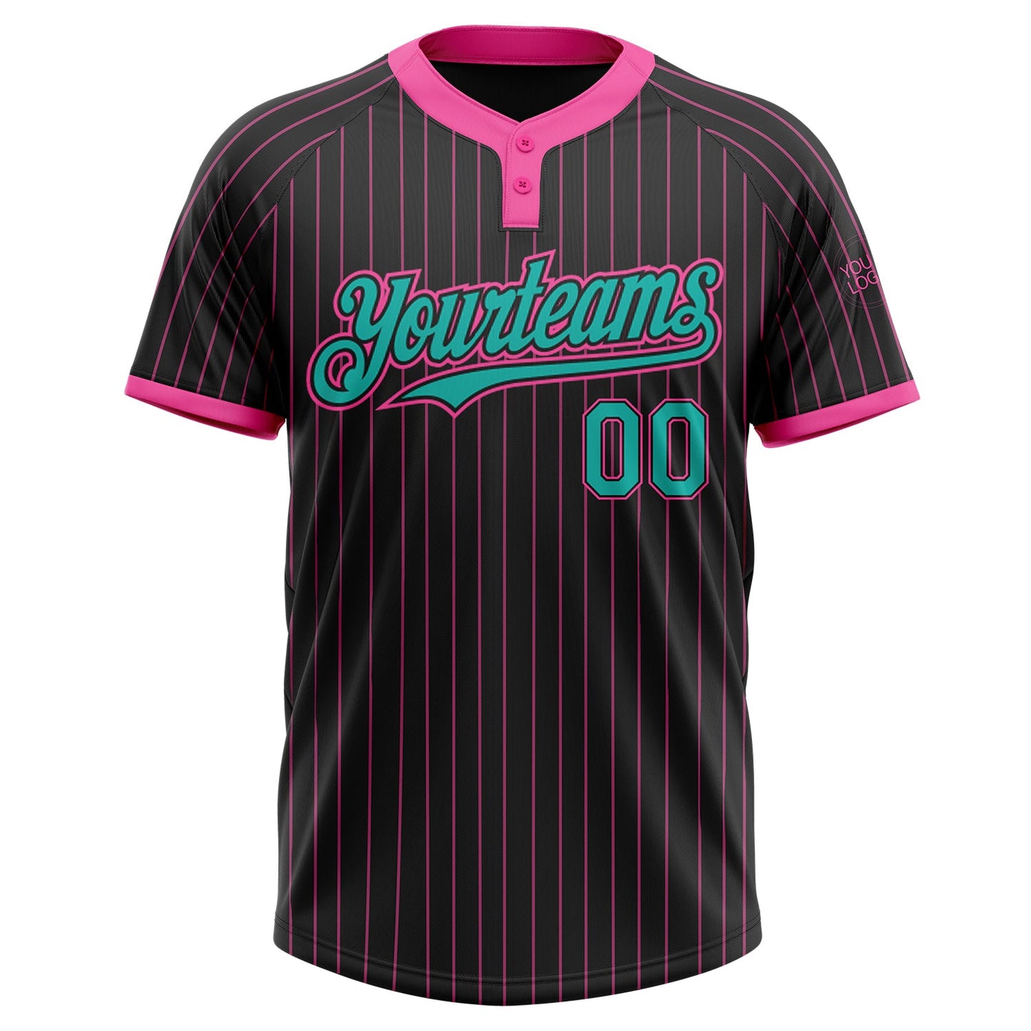 Custom Black Pink Pinstripe Aqua Two-Button Unisex Softball Jersey view 2