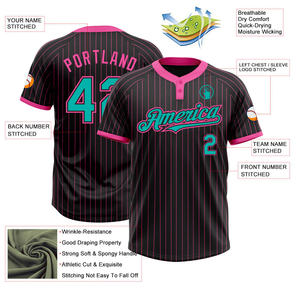 Custom Black Pink Pinstripe Aqua Two-Button Unisex Softball Jersey view 3