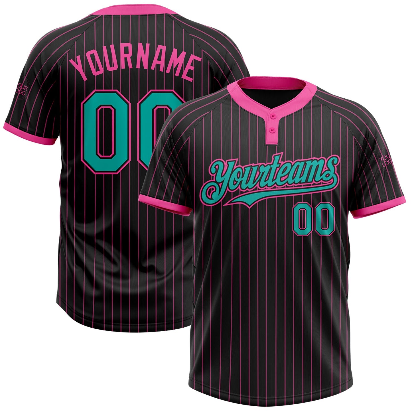 Custom Black Pink Pinstripe Aqua Two-Button Unisex Softball Jersey - Main View