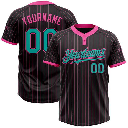 Custom Black Pink Pinstripe Aqua Two-Button Unisex Softball Jersey - Main View