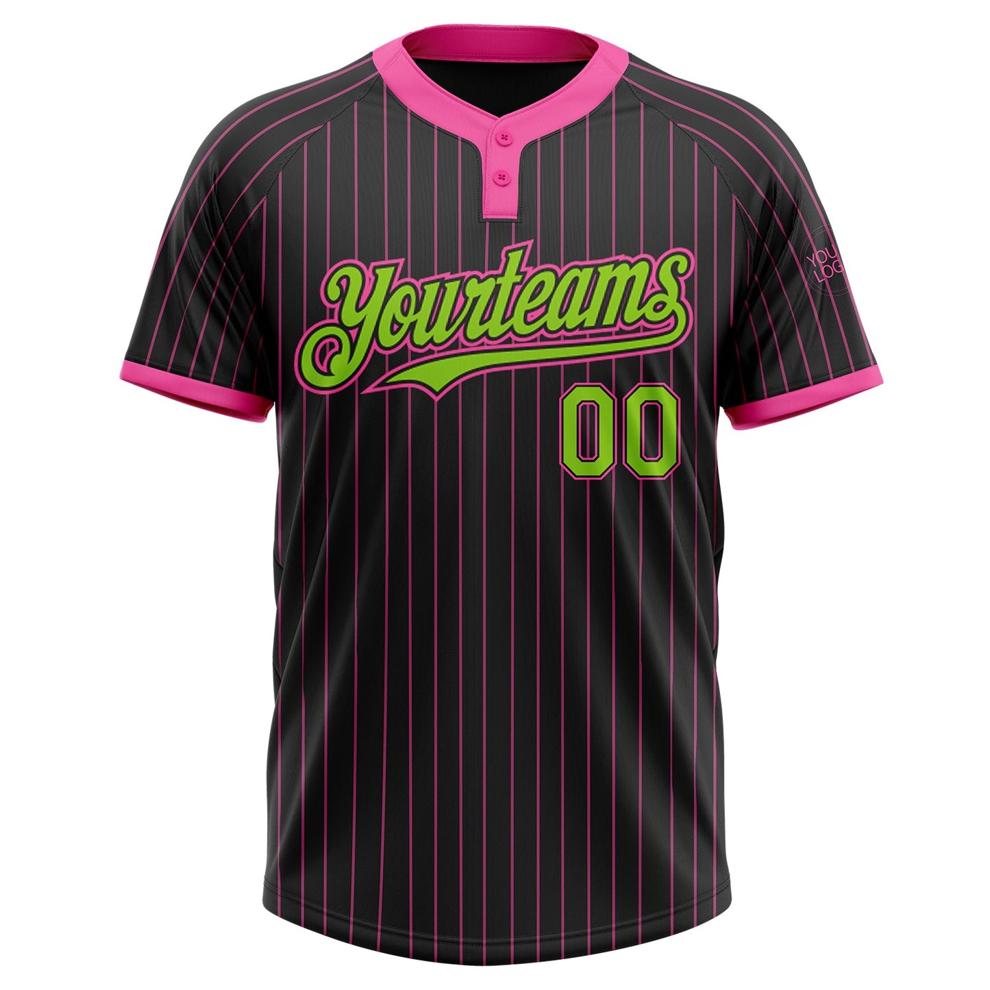 Custom Black Pink Pinstripe Neon Green Two-Button Unisex Softball Jersey view 2