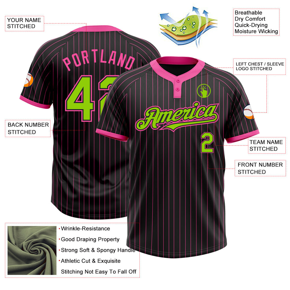 Custom Black Pink Pinstripe Neon Green Two-Button Unisex Softball Jersey view 3