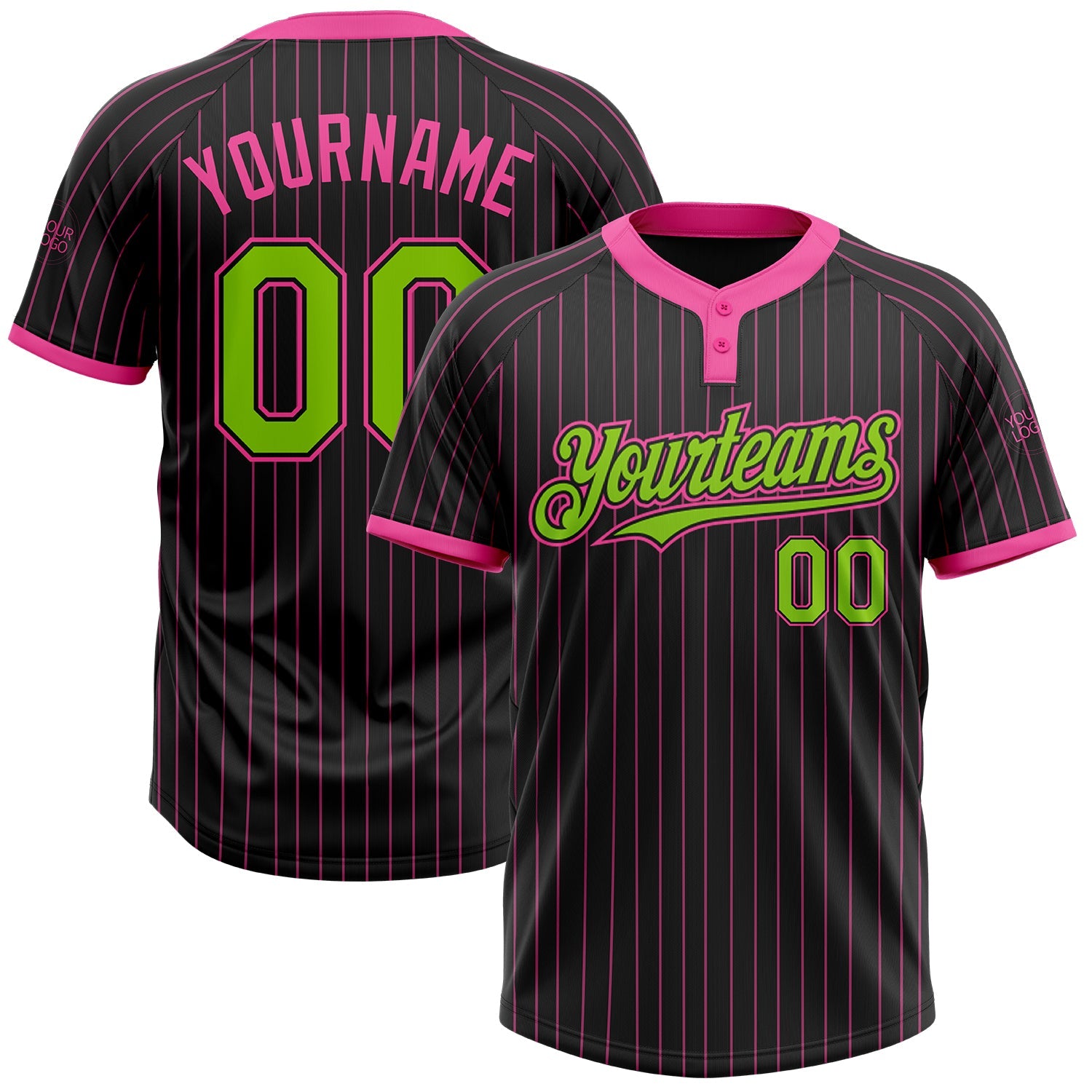 Custom Black Pink Pinstripe Neon Green Two-Button Unisex Softball Jersey - Main View