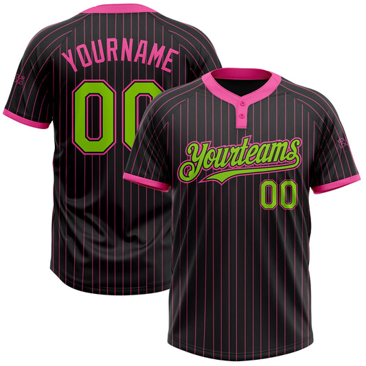 Custom Black Pink Pinstripe Neon Green Two-Button Unisex Softball Jersey - Main View