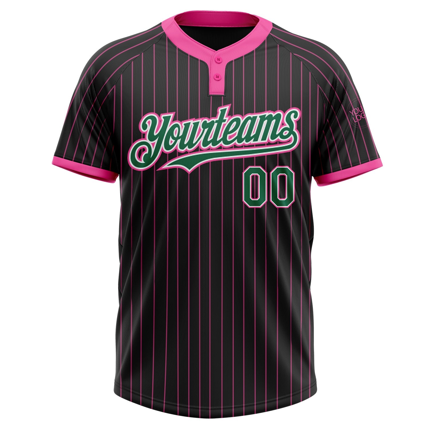 Custom Black Pink Pinstripe Kelly Green-White Two-Button Unisex Softball Jersey view 2