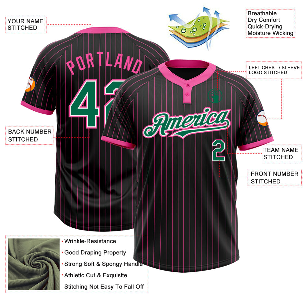 Custom Black Pink Pinstripe Kelly Green-White Two-Button Unisex Softball Jersey view 3