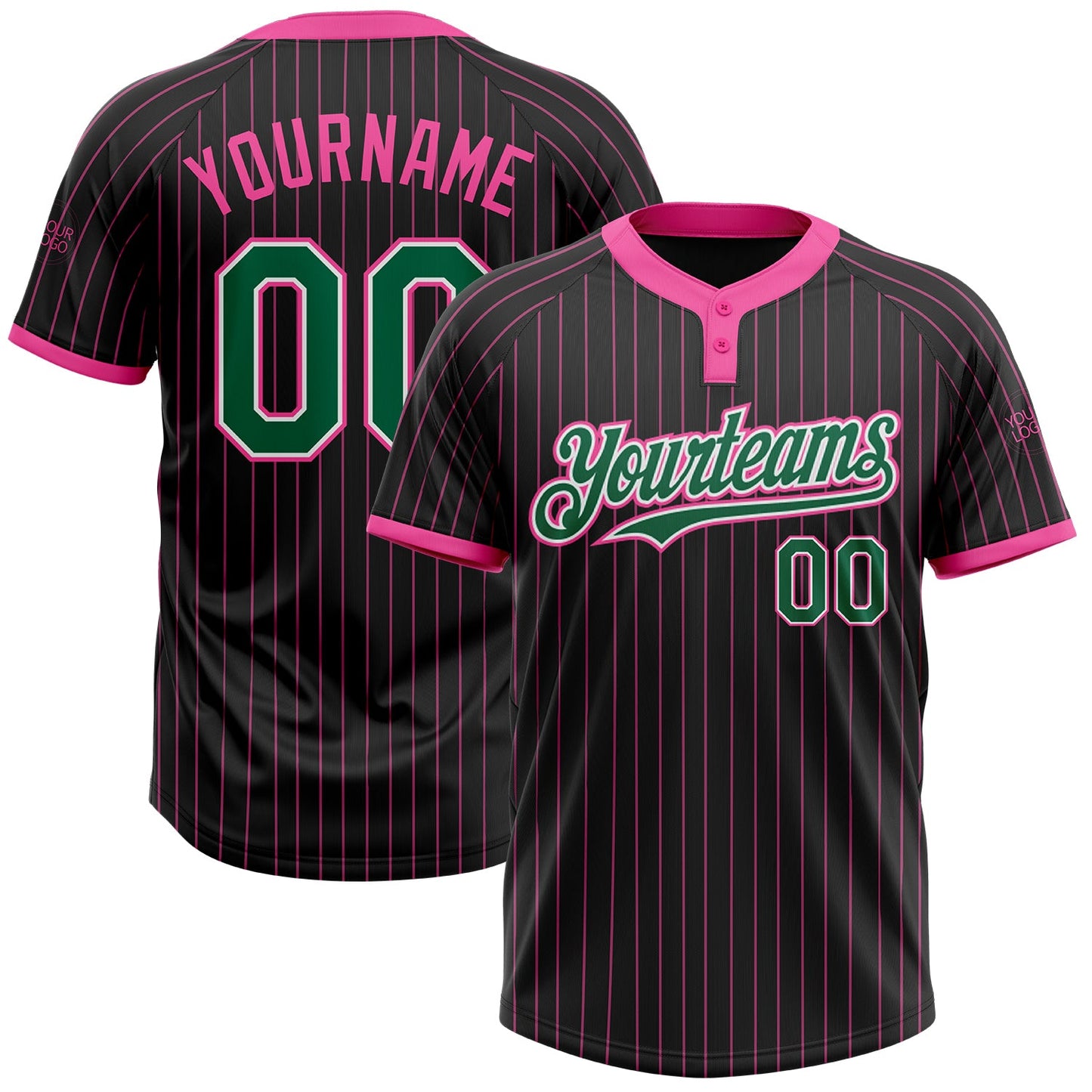 Custom Black Pink Pinstripe Kelly Green-White Two-Button Unisex Softball Jersey - Main View