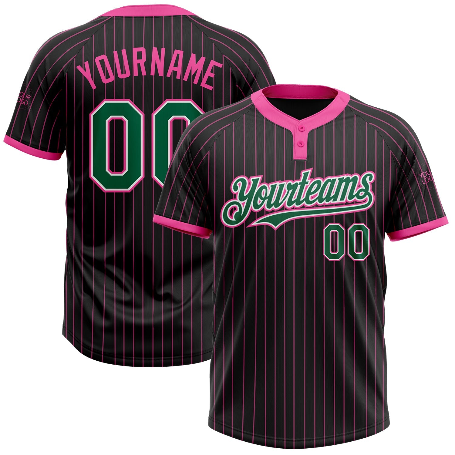 Custom Black Pink Pinstripe Kelly Green-White Two-Button Unisex Softball Jersey - Main View