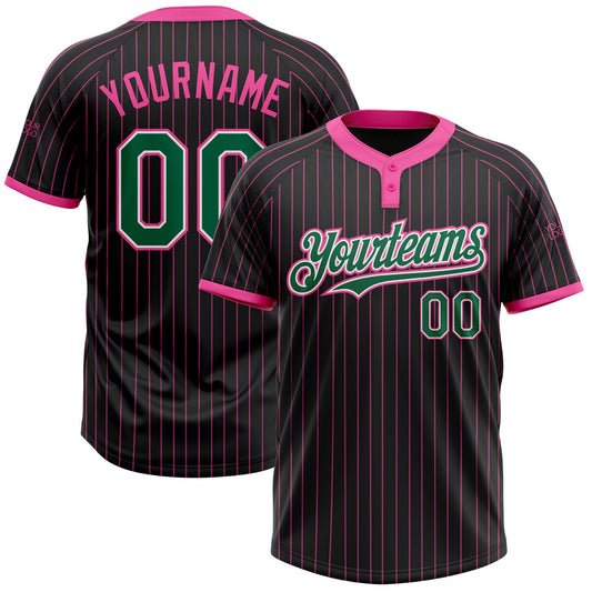 Custom Black Pink Pinstripe Kelly Green-White Two-Button Unisex Softball Jersey - Main View