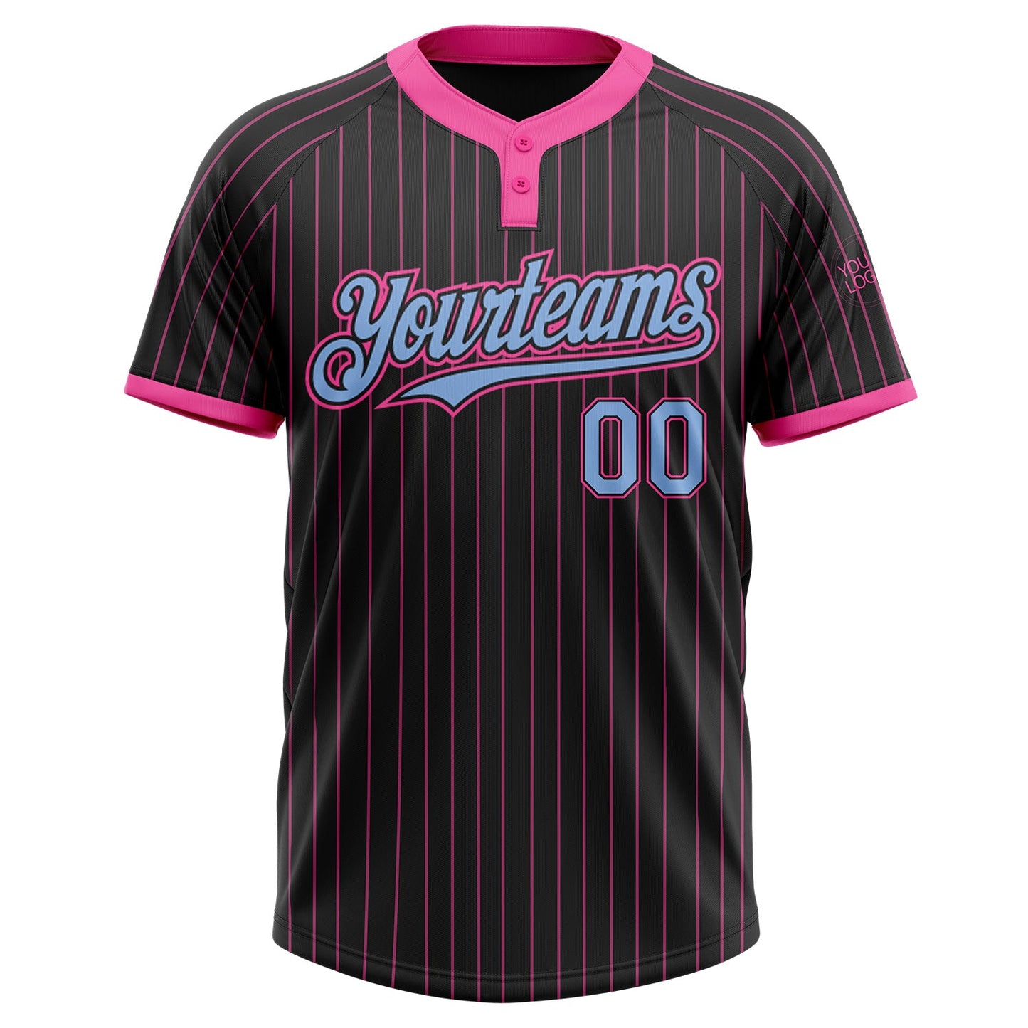 Custom Black Pink Pinstripe Light Blue Two-Button Unisex Softball Jersey view 2
