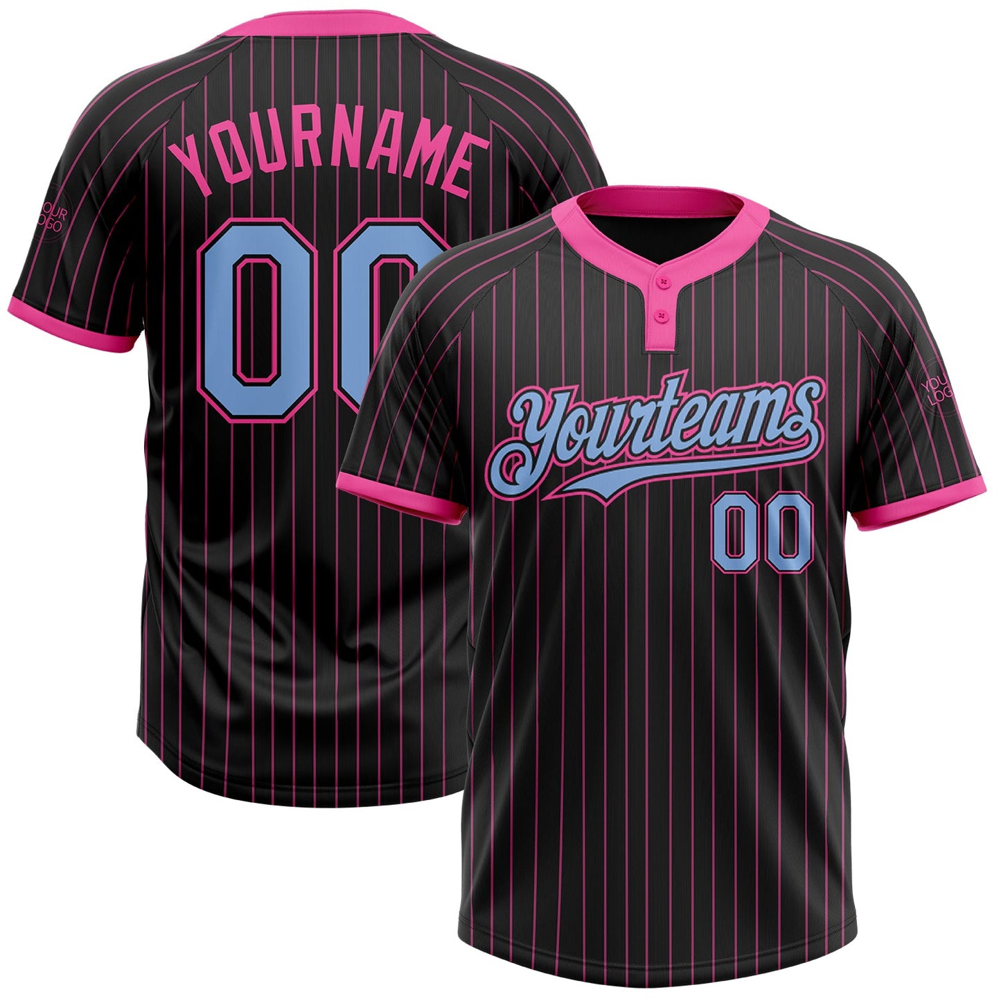 Custom Black Pink Pinstripe Light Blue Two-Button Unisex Softball Jersey - Main View