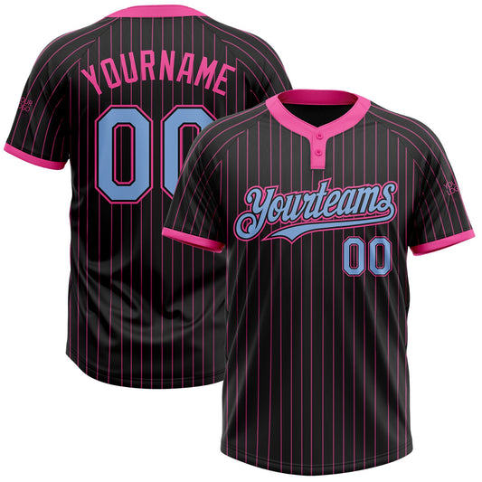 Custom Black Pink Pinstripe Light Blue Two-Button Unisex Softball Jersey - Main View