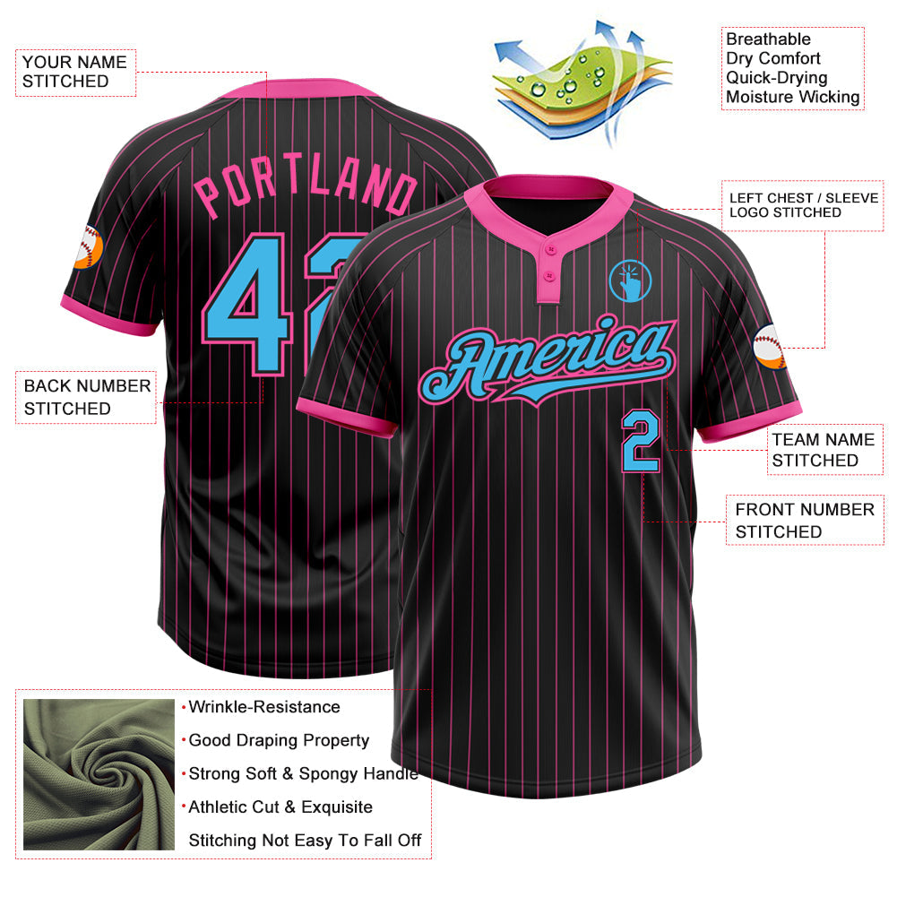Custom Black Pink Pinstripe Sky Blue Two-Button Unisex Softball Jersey view 3