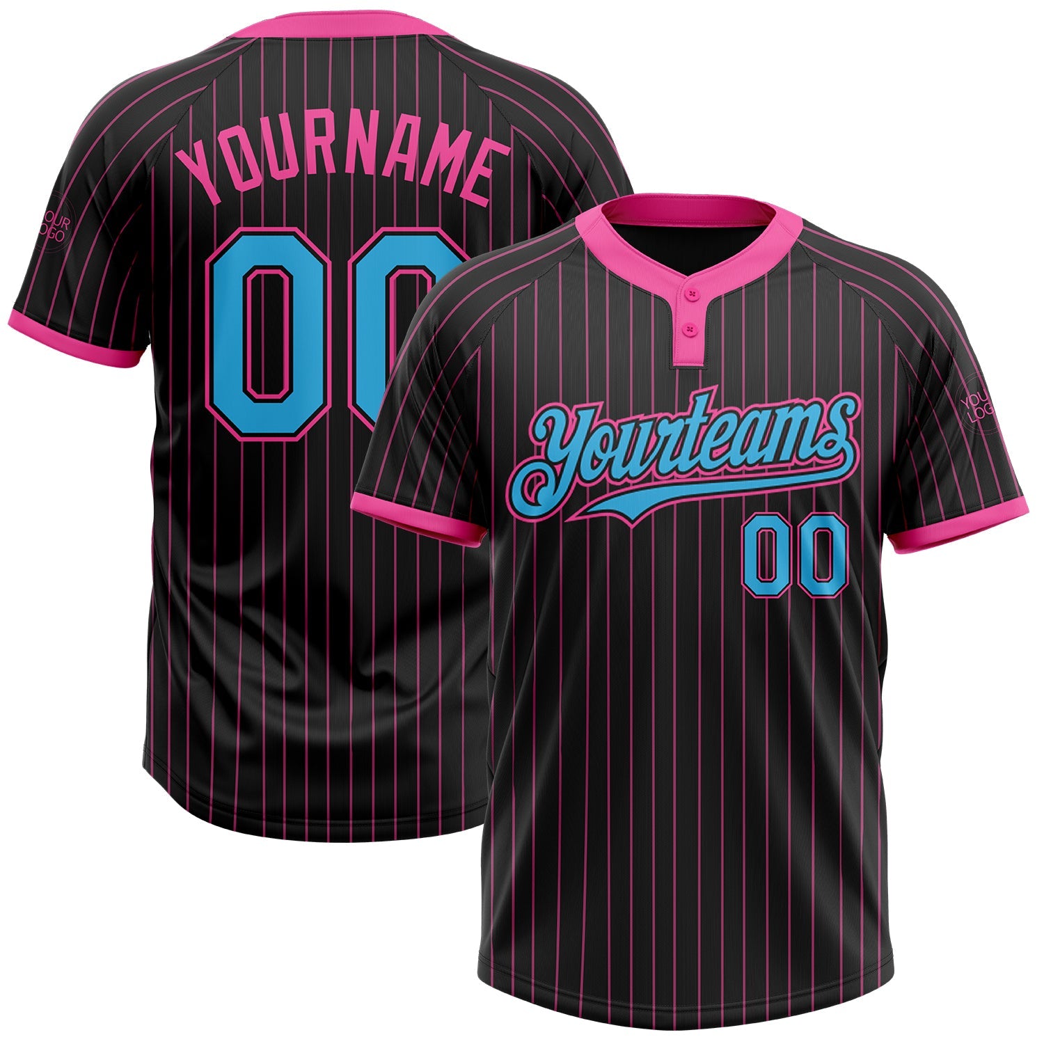 Custom Black Pink Pinstripe Sky Blue Two-Button Unisex Softball Jersey - Main View