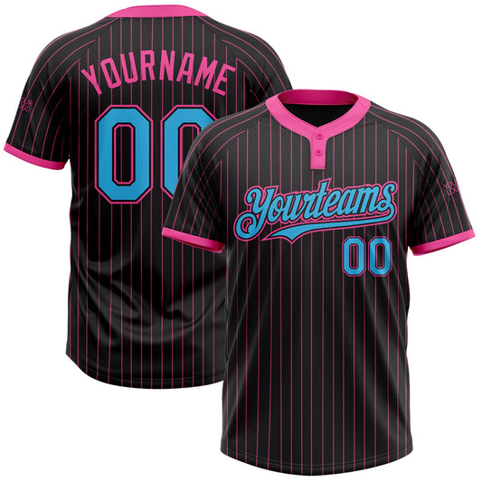 Custom Black Pink Pinstripe Sky Blue Two-Button Unisex Softball Jersey - Main View
