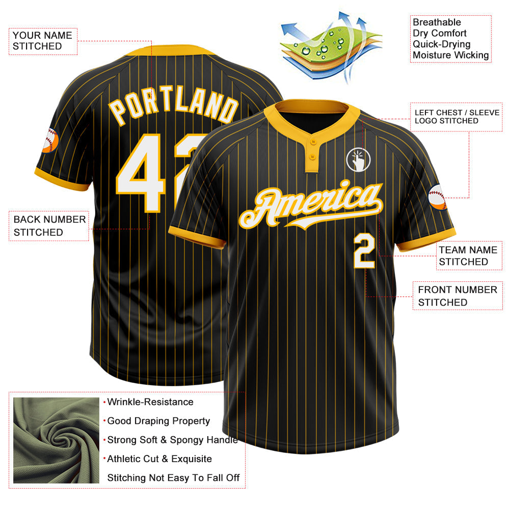 Custom Black Gold Pinstripe White-Gold Two-Button Unisex Softball Jersey view 3
