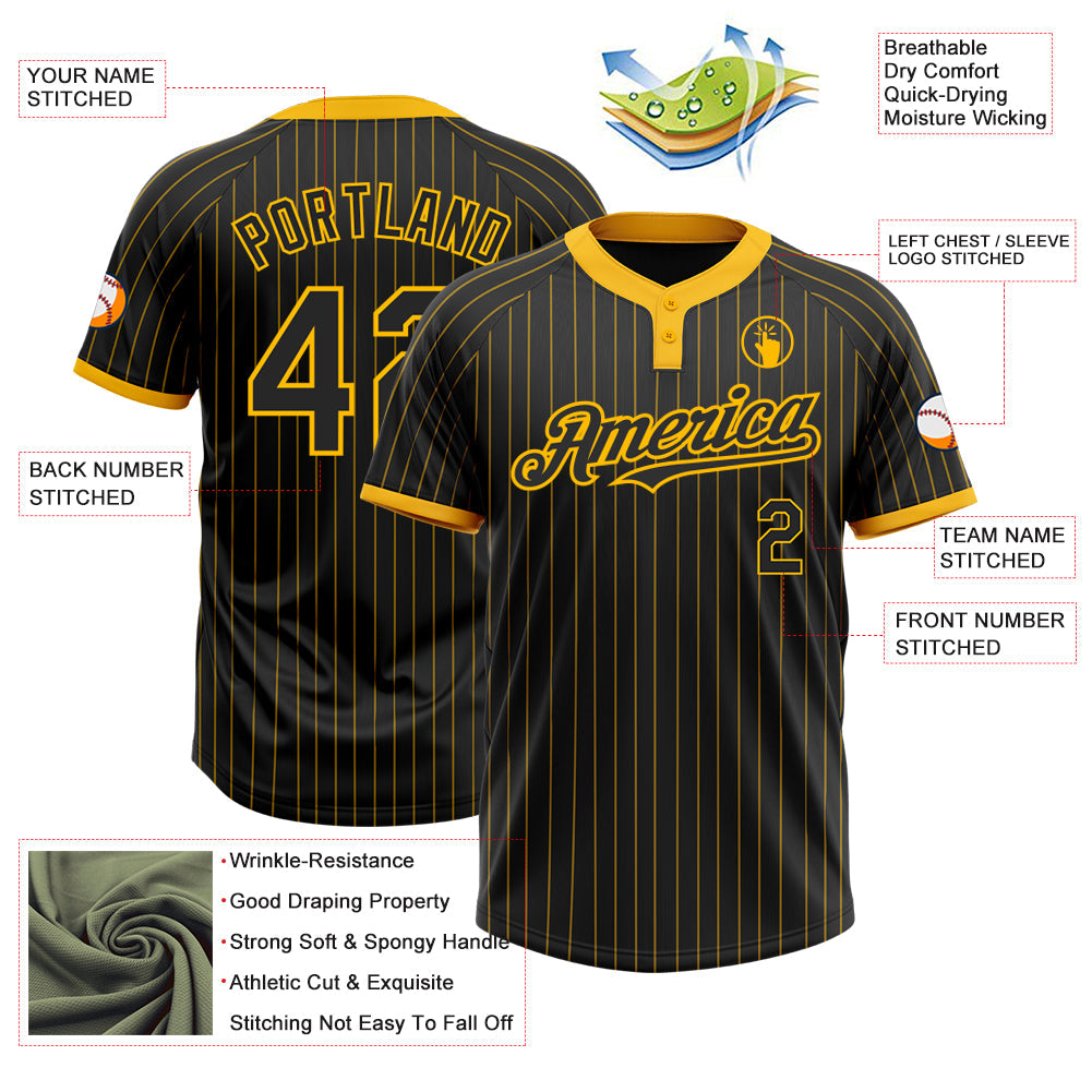 Custom Black Gold Pinstripe Gold Two-Button Unisex Softball Jersey view 3
