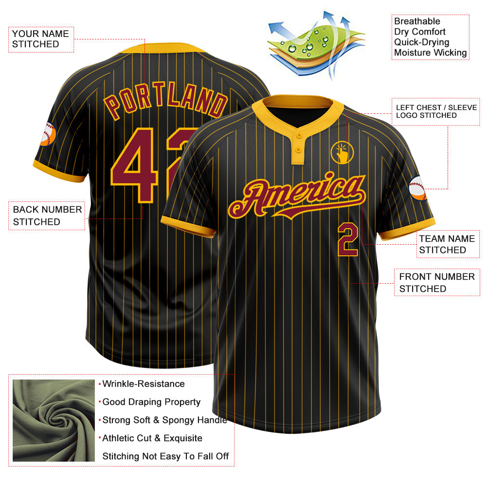 Custom Black Gold Pinstripe Crimson Two-Button Unisex Softball Jersey view 3