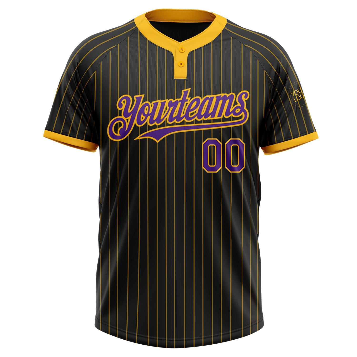 Custom Black Gold Pinstripe Purple Two-Button Unisex Softball Jersey view 2