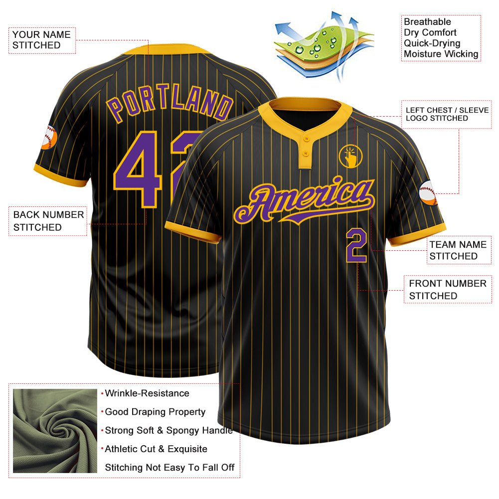 Custom Black Gold Pinstripe Purple Two-Button Unisex Softball Jersey view 3