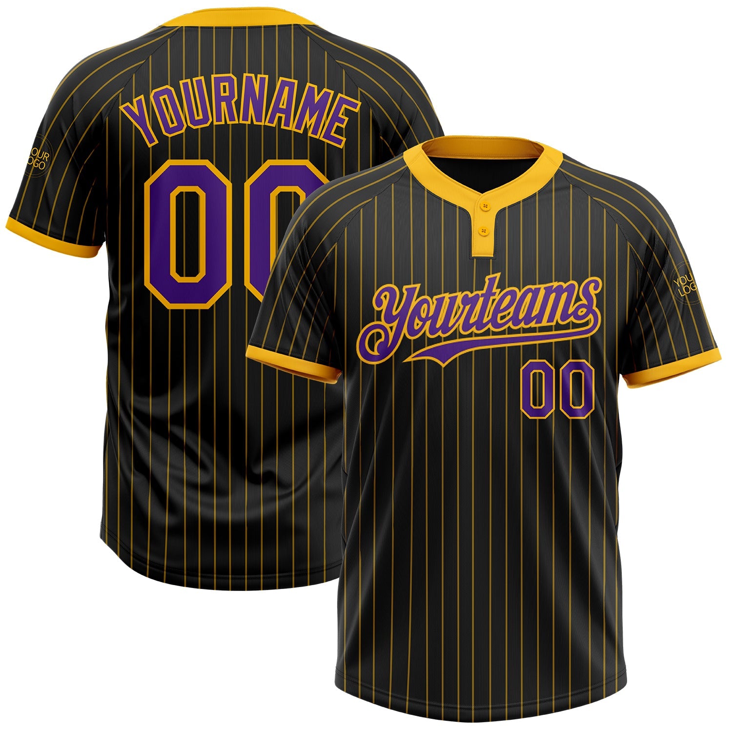 Custom Black Gold Pinstripe Purple Two-Button Unisex Softball Jersey - Main View