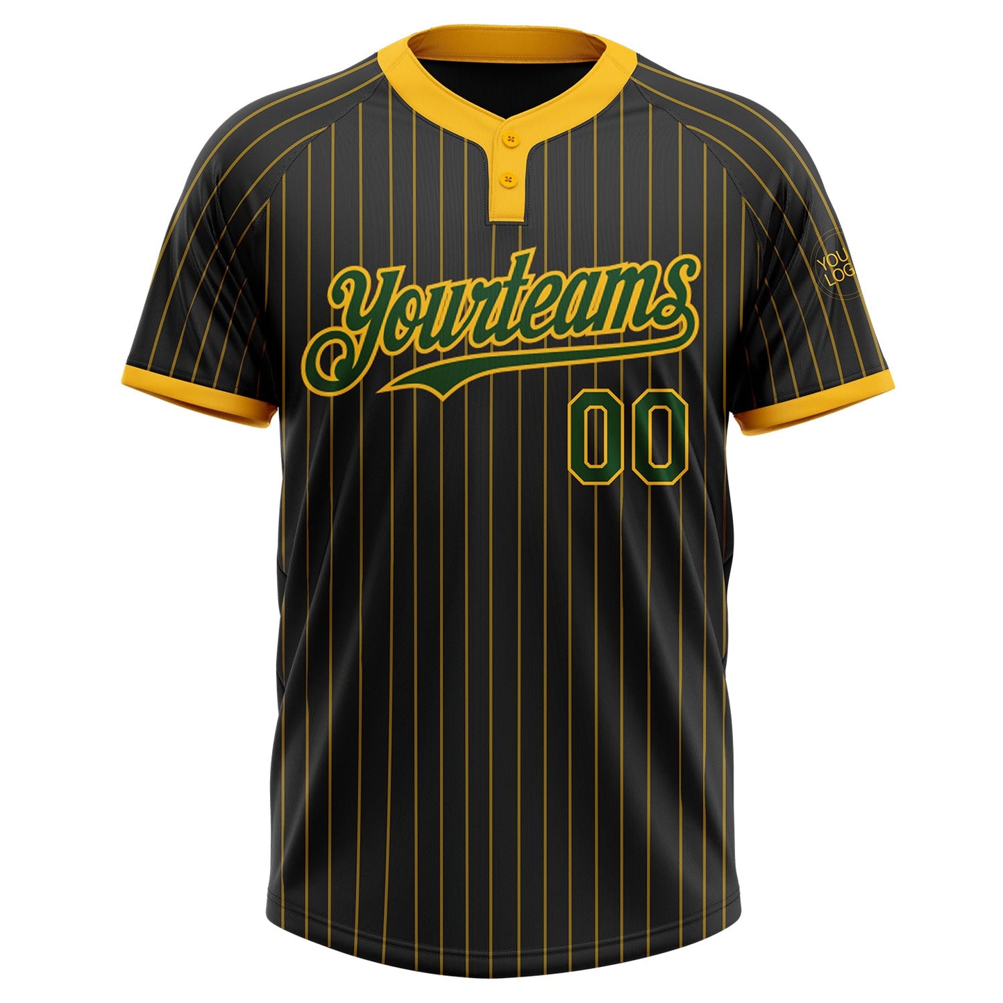 Custom Black Gold Pinstripe Green Two-Button Unisex Softball Jersey view 2
