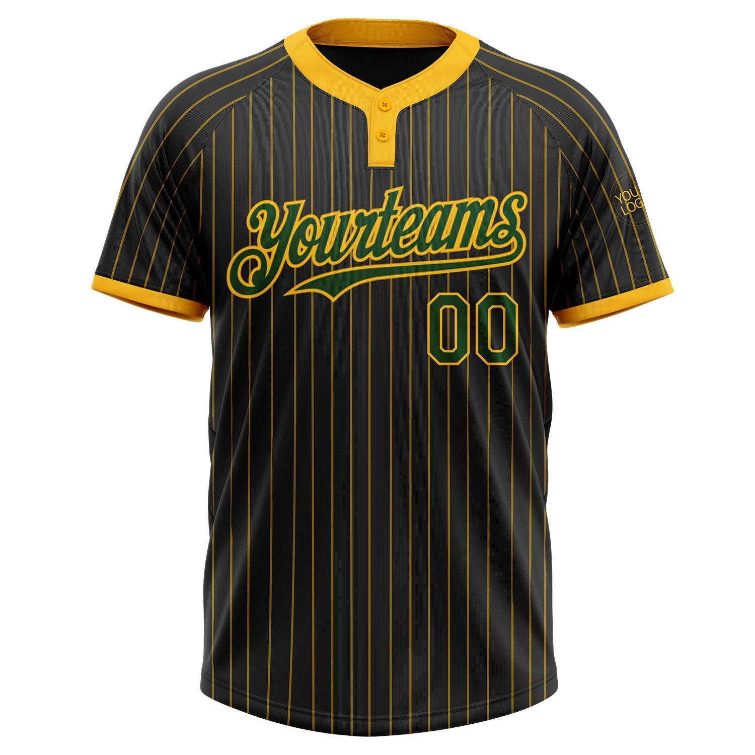 Custom Black Gold Pinstripe Green Two-Button Unisex Softball Jersey view 2