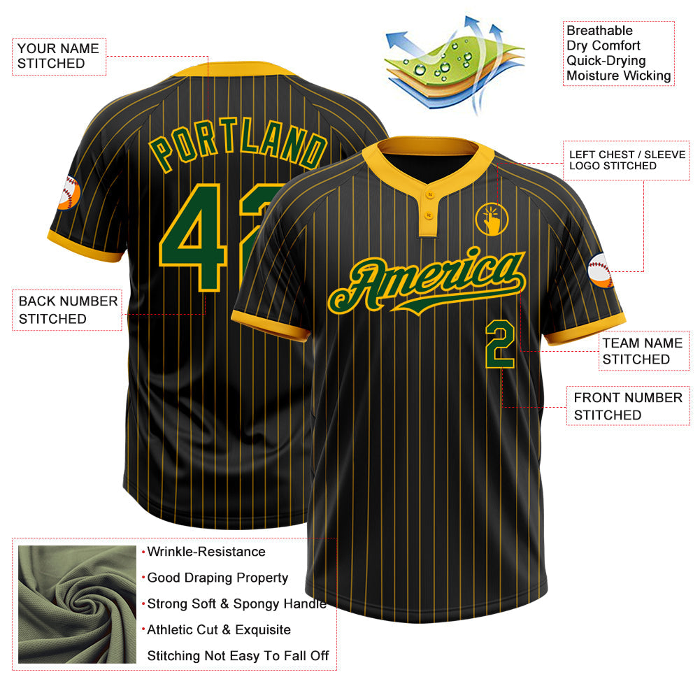 Custom Black Gold Pinstripe Green Two-Button Unisex Softball Jersey view 3
