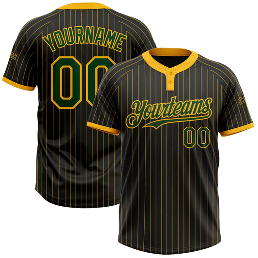 Custom Black Gold Pinstripe Green Two-Button Unisex Softball Jersey - Main View
