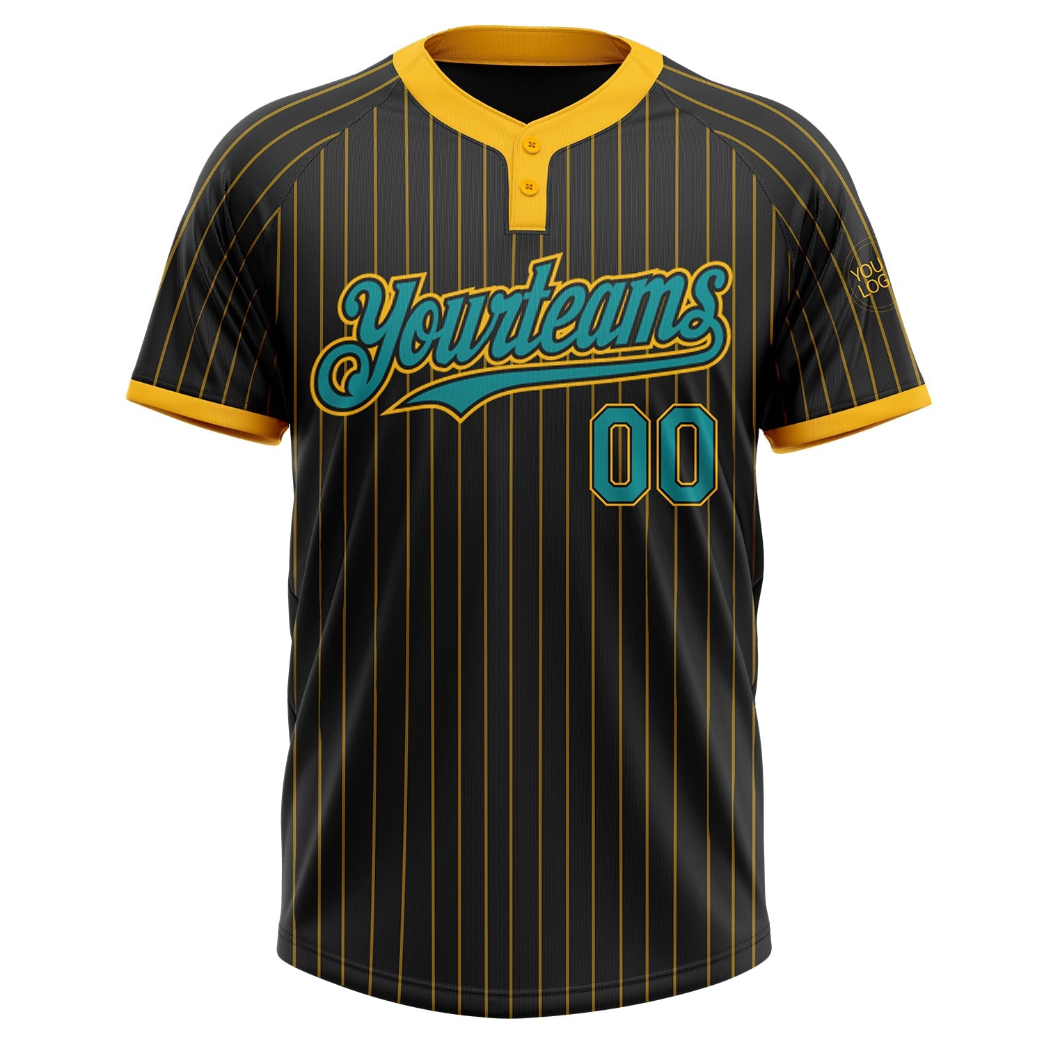 Custom Black Gold Pinstripe Teal Two-Button Unisex Softball Jersey view 2